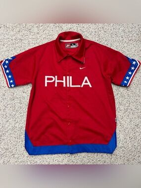 Nike Philadelphia 76ers Warm Up Shooting Shirt Large Red Snap Button Vintage 90s